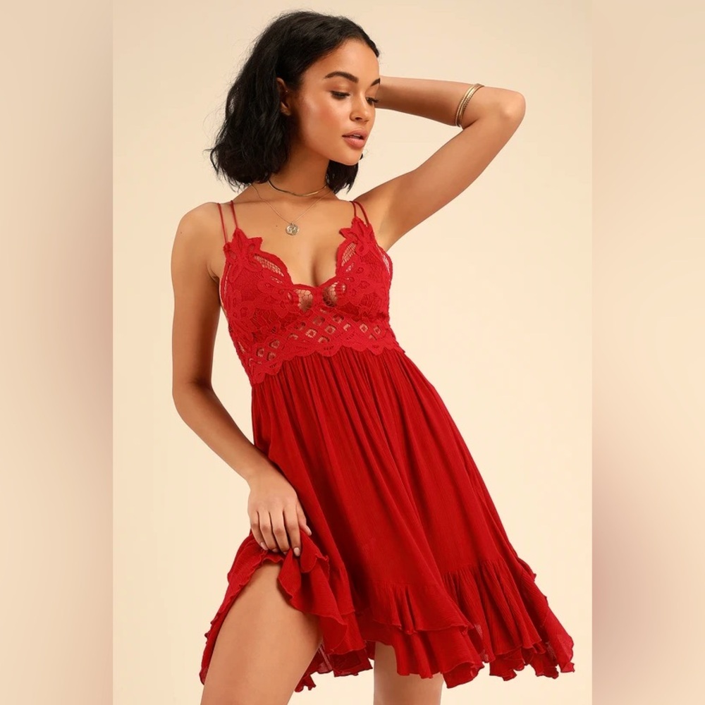 Free People Adella Red Lace Dress - Flowy, Size Small / P